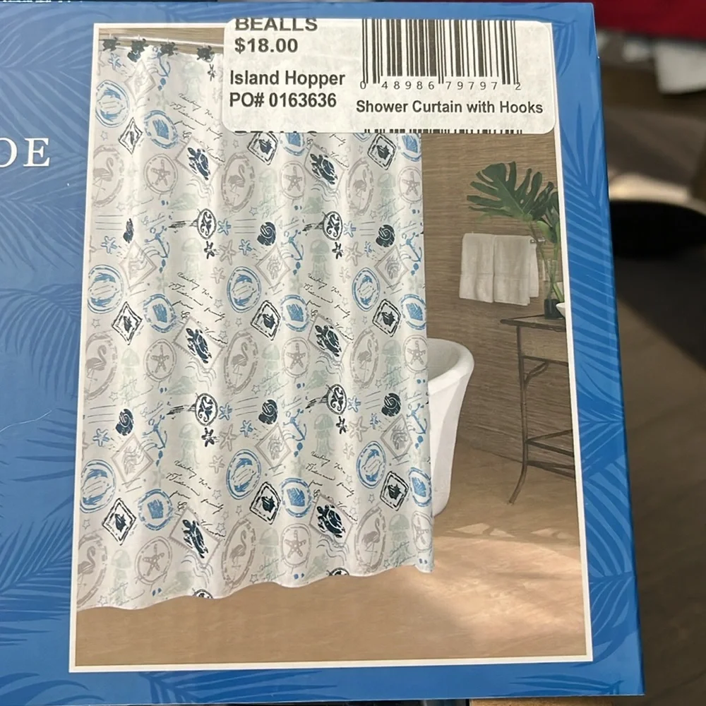 New! Caribbean Joe Blue and White Turtle Shower Curtain Set
